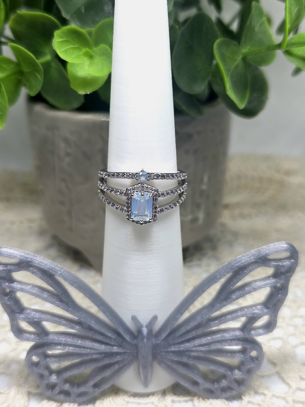 BP Silver Tone White Opal Triple Band Halo Ring